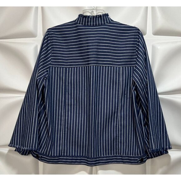 Easel Sz S Blue White Chambray Denim Railroad Striped Bell Sleeve Frayed Jacket - Picture 4 of 7